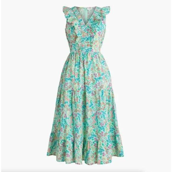 J. CREW Printed V-Neck Smocked Midi Dress Fresh Spring Green Floral Sz 8 {3N45} - Picture 2 of 7